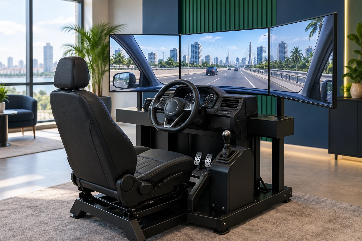 Professional driving simulator with panoramic road displays